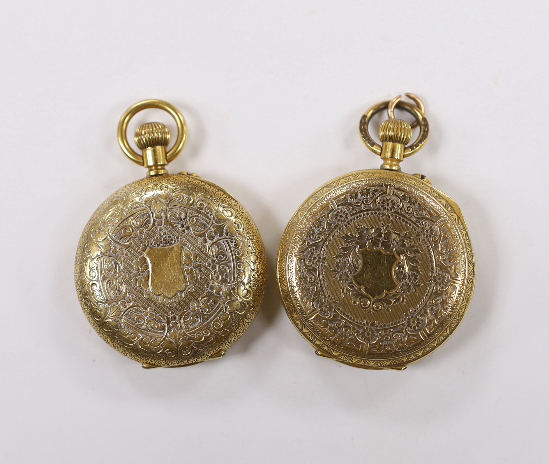 An early 20th century Swiss 18ct and enamel half hunter fob watch and one other 18k open face fob watch, with Roman dial, gross weight 86.8 grams.